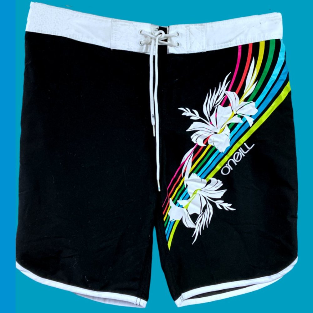 Vtg  80's Men's O'Neill Board Shorts-Swim Trunks-Size:11-XL Black Floral Surf